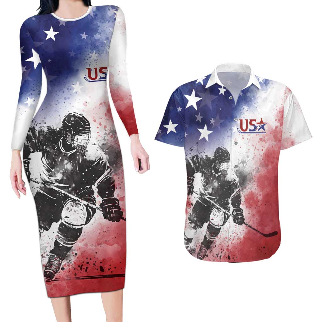 USA Ice Hockey Custom Couples Matching Long Sleeve Bodycon Dress and Hawaiian Shirt Splash Art Abstract Style