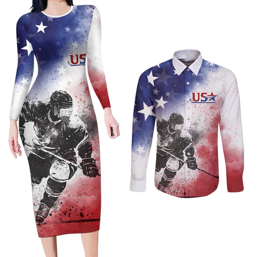 USA Ice Hockey Custom Couples Matching Long Sleeve Bodycon Dress and Long Sleeve Button Shirt Splash Art Abstract Style