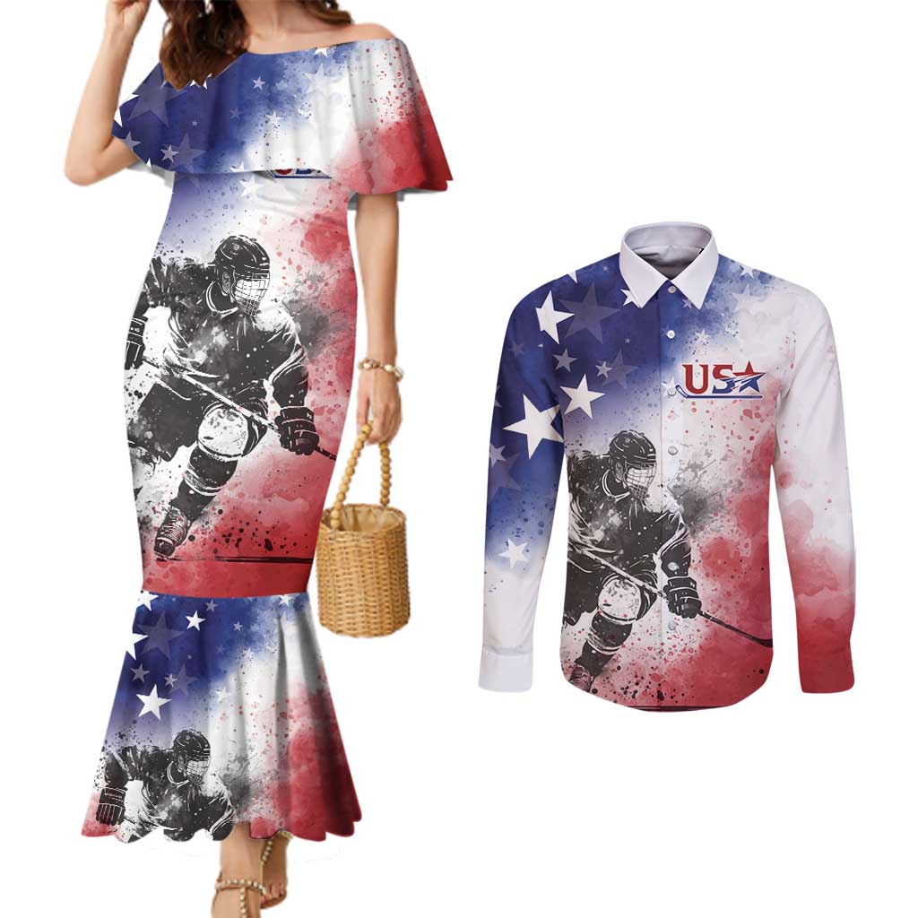 USA Ice Hockey Custom Couples Matching Mermaid Dress and Long Sleeve Button Shirt Splash Art Abstract Style