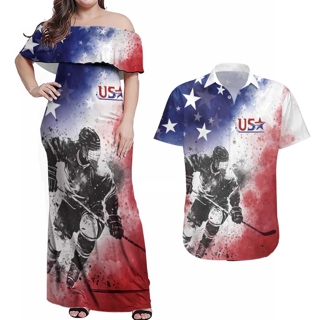 USA Ice Hockey Custom Couples Matching Off Shoulder Maxi Dress and Hawaiian Shirt Splash Art Abstract Style