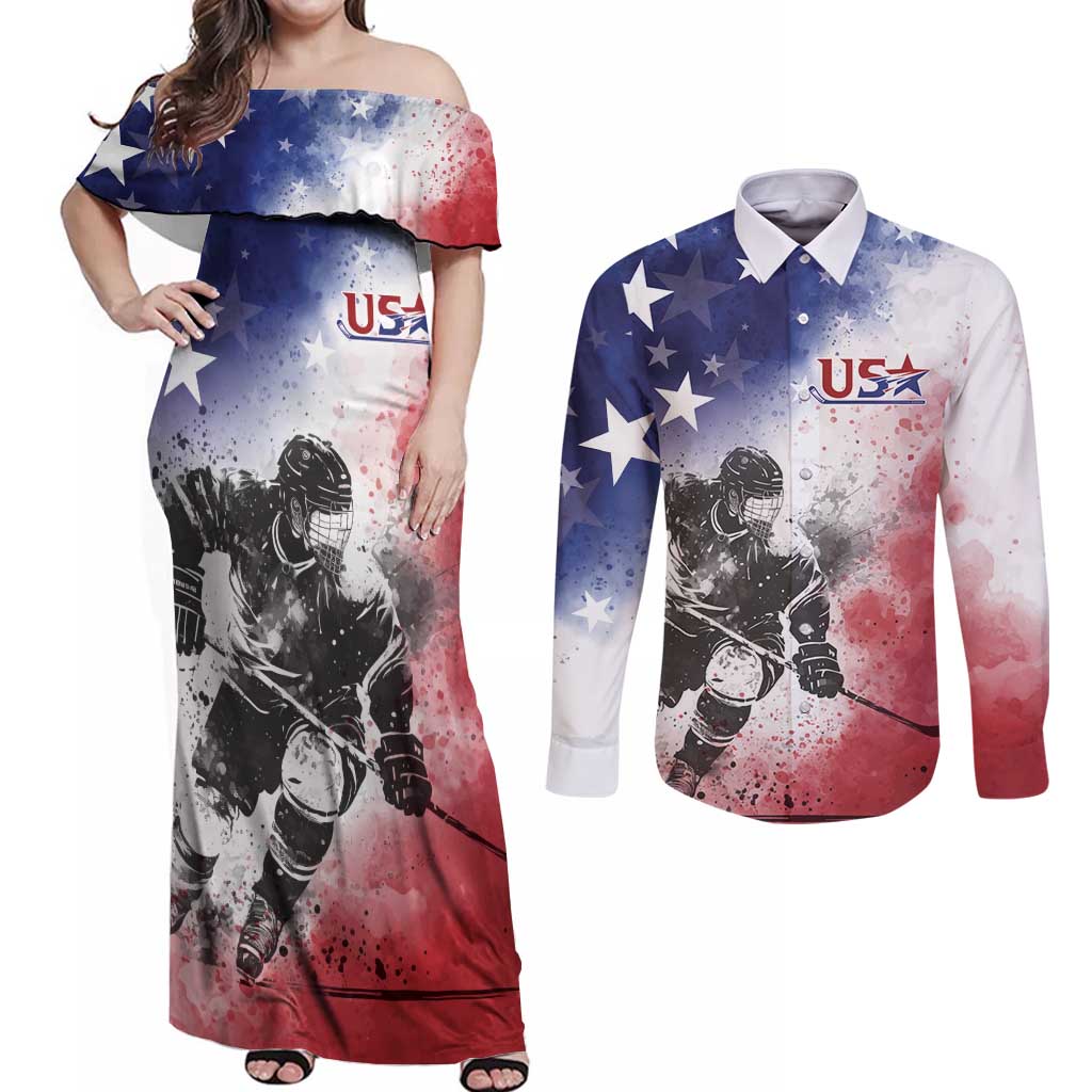 USA Ice Hockey Custom Couples Matching Off Shoulder Maxi Dress and Long Sleeve Button Shirt Splash Art Abstract Style