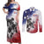 USA Ice Hockey Custom Couples Matching Off Shoulder Maxi Dress and Long Sleeve Button Shirt Splash Art Abstract Style