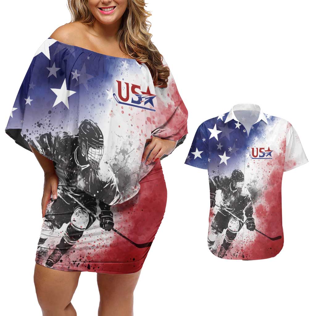 USA Ice Hockey Custom Couples Matching Off Shoulder Short Dress and Hawaiian Shirt Splash Art Abstract Style