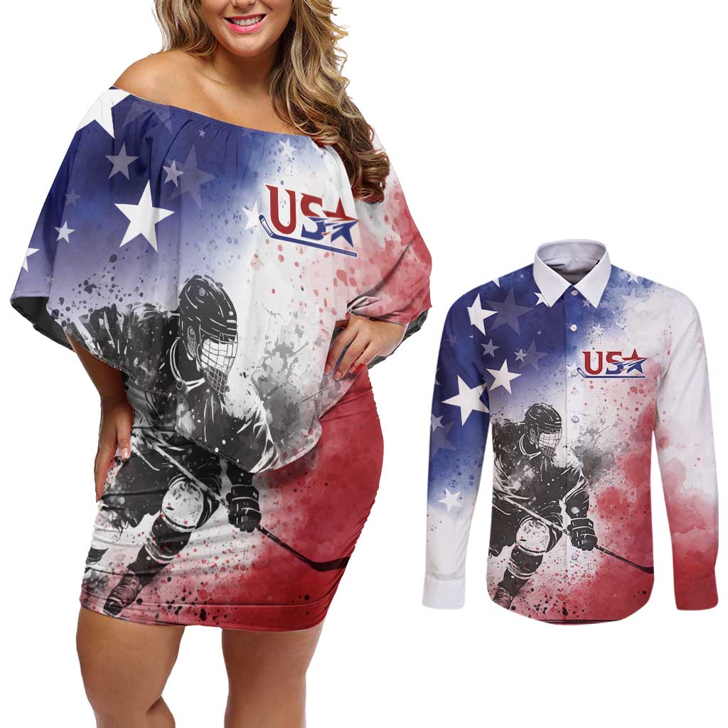 USA Ice Hockey Custom Couples Matching Off Shoulder Short Dress and Long Sleeve Button Shirt Splash Art Abstract Style