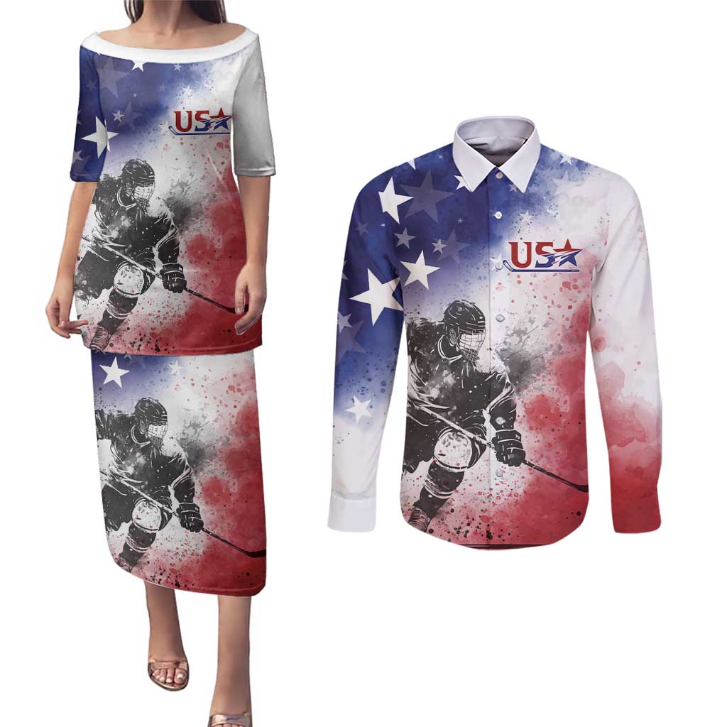 USA Ice Hockey Custom Couples Matching Puletasi and Long Sleeve Button Shirt Splash Art Abstract Style