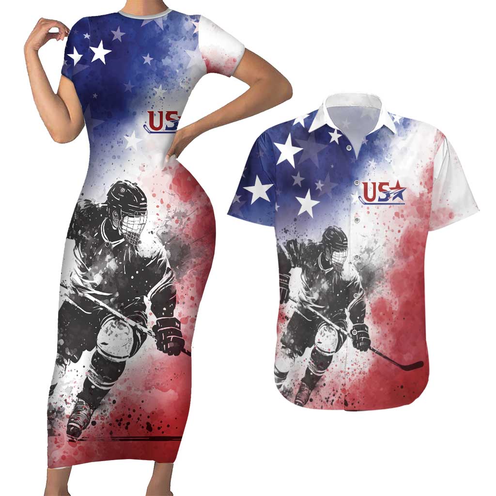 USA Ice Hockey Custom Couples Matching Short Sleeve Bodycon Dress and Hawaiian Shirt Splash Art Abstract Style