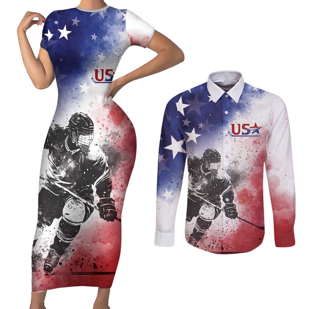 USA Ice Hockey Custom Couples Matching Short Sleeve Bodycon Dress and Long Sleeve Button Shirt Splash Art Abstract Style