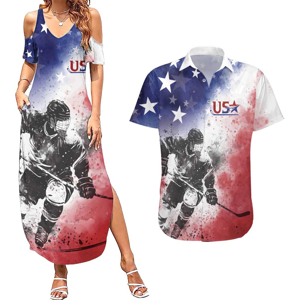 USA Ice Hockey Custom Couples Matching Summer Maxi Dress and Hawaiian Shirt Splash Art Abstract Style