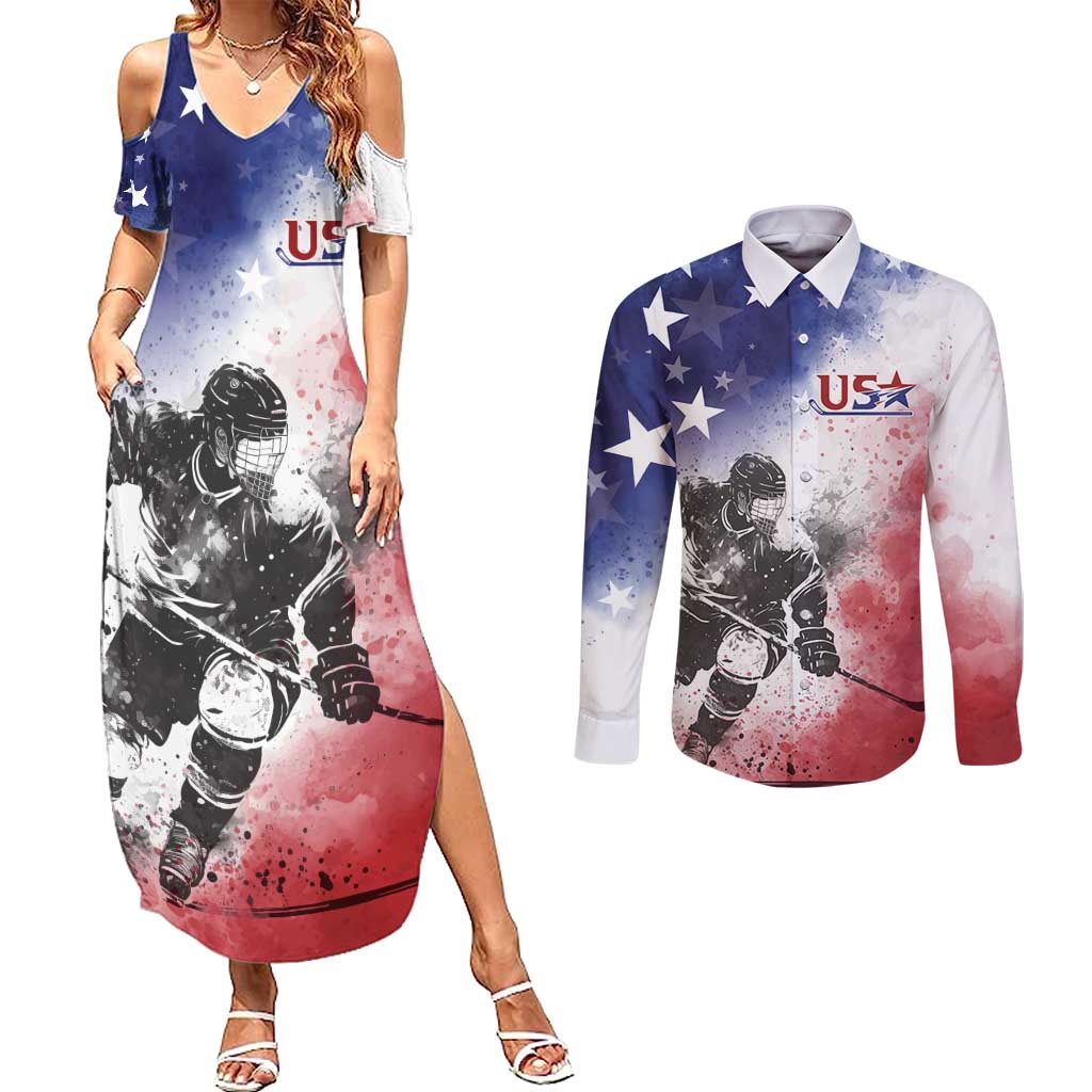 USA Ice Hockey Custom Couples Matching Summer Maxi Dress and Long Sleeve Button Shirt Splash Art Abstract Style