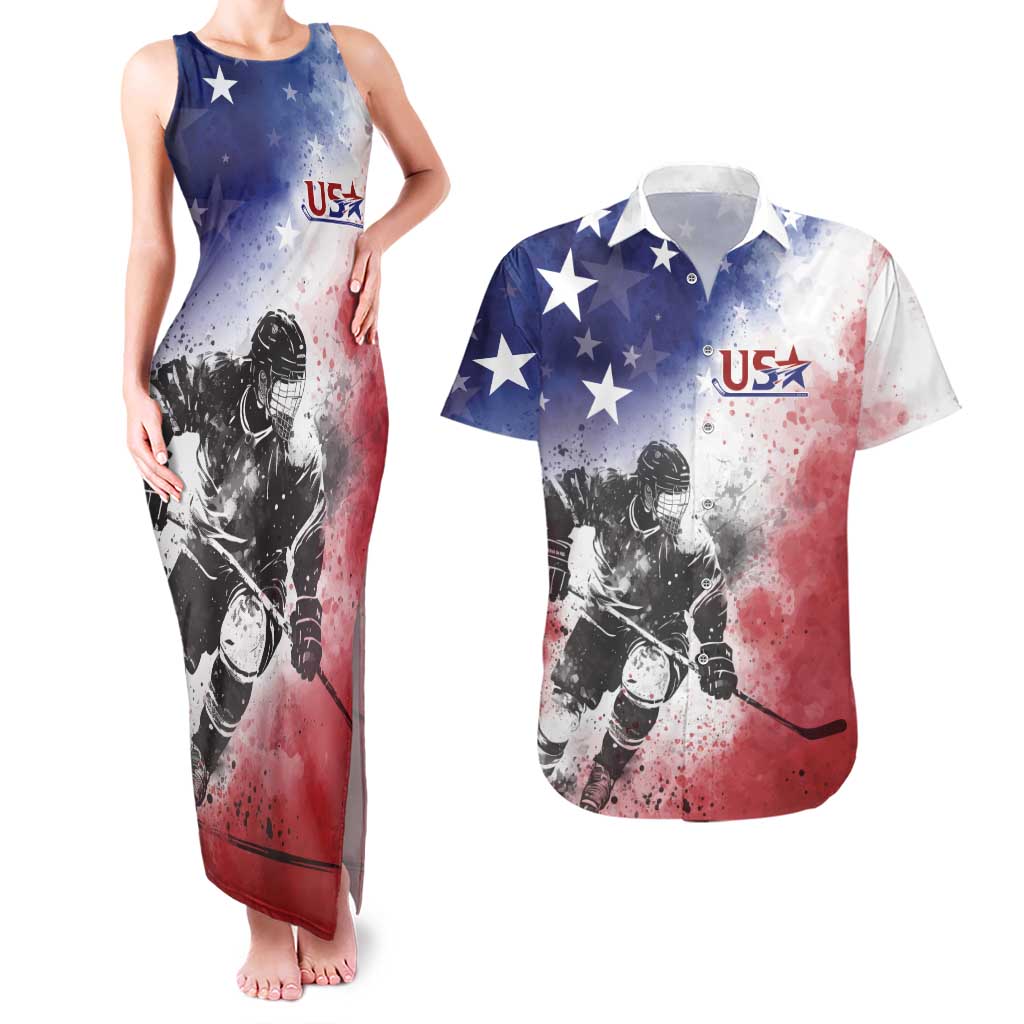 USA Ice Hockey Custom Couples Matching Tank Maxi Dress and Hawaiian Shirt Splash Art Abstract Style