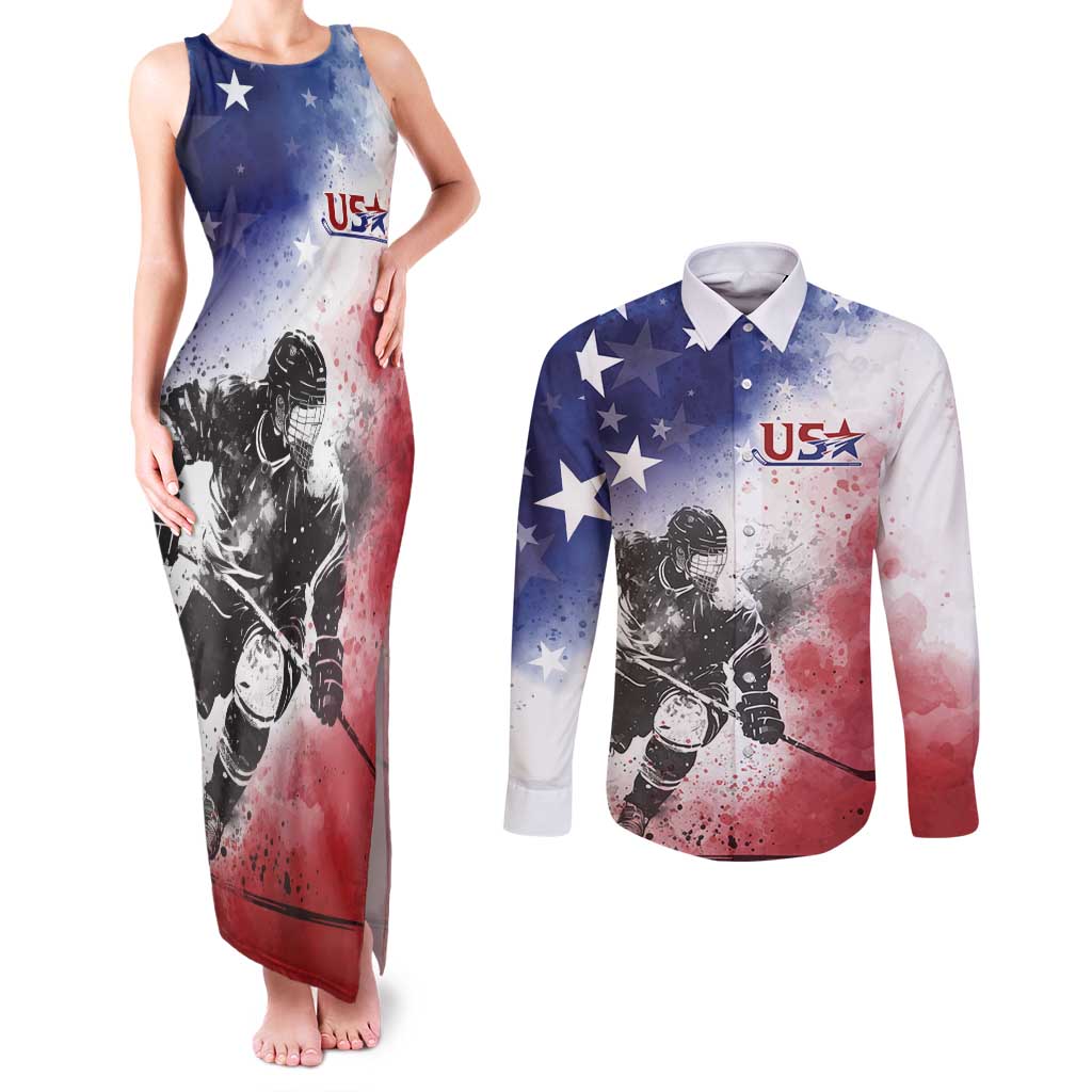 USA Ice Hockey Custom Couples Matching Tank Maxi Dress and Long Sleeve Button Shirt Splash Art Abstract Style