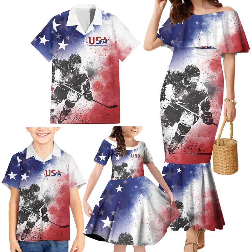 USA Ice Hockey Custom Family Matching Mermaid Dress and Hawaiian Shirt Splash Art Abstract Style