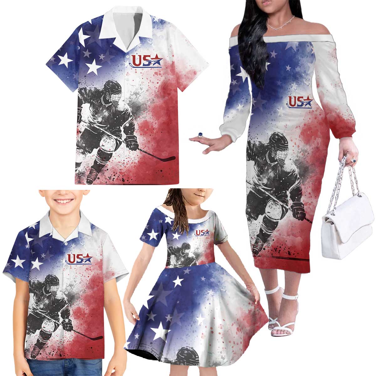 USA Ice Hockey Custom Family Matching Off The Shoulder Long Sleeve Dress and Hawaiian Shirt Splash Art Abstract Style