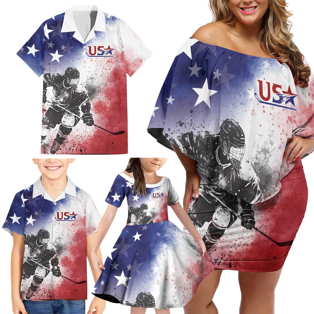 USA Ice Hockey Custom Family Matching Off Shoulder Short Dress and Hawaiian Shirt Splash Art Abstract Style