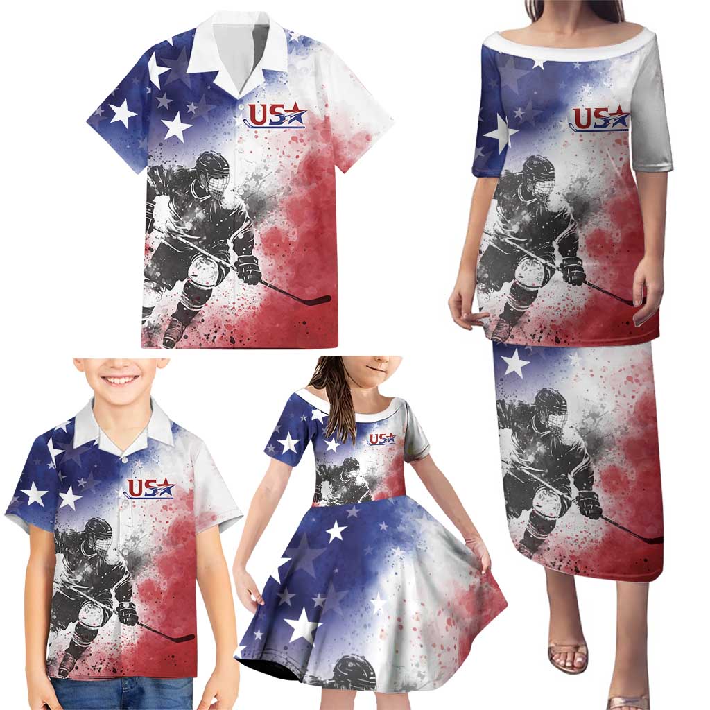 USA Ice Hockey Custom Family Matching Puletasi and Hawaiian Shirt Splash Art Abstract Style