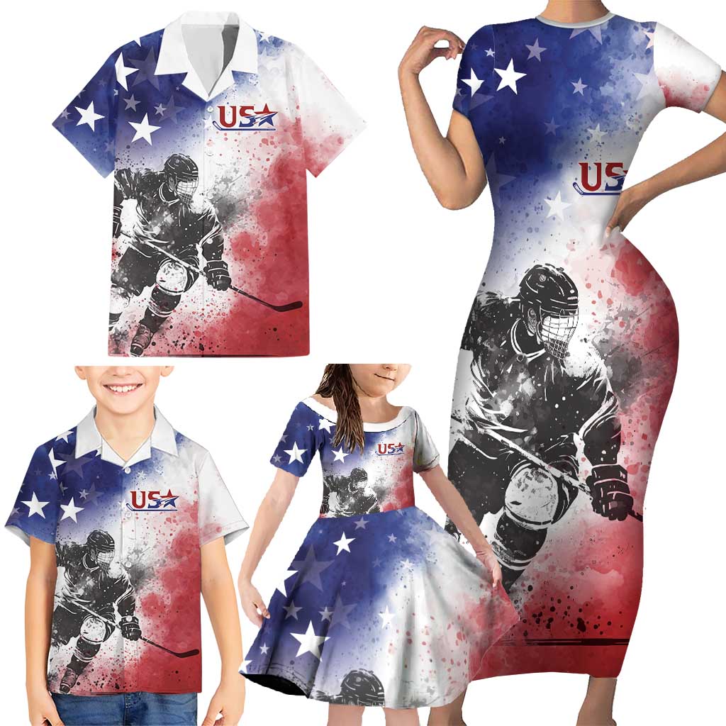 USA Ice Hockey Custom Family Matching Short Sleeve Bodycon Dress and Hawaiian Shirt Splash Art Abstract Style