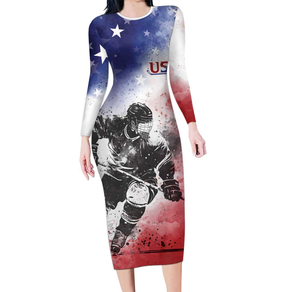 USA Ice Hockey Custom Long Sleeve Bodycon Dress Splash Art Abstract Style