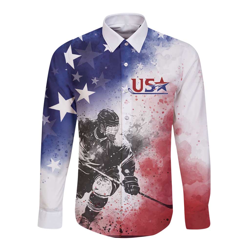 USA Ice Hockey Custom Long Sleeve Button Shirt Splash Art Abstract Style