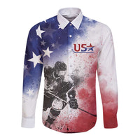 Custom long-sleeve button shirt, front graphic: USA logo, hockey player, star splash.
