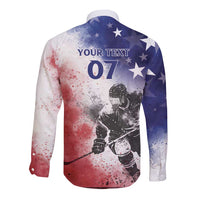 Custom long-sleeve button shirt, back graphic: "YOUR TEXT 07" with hockey player and stars.