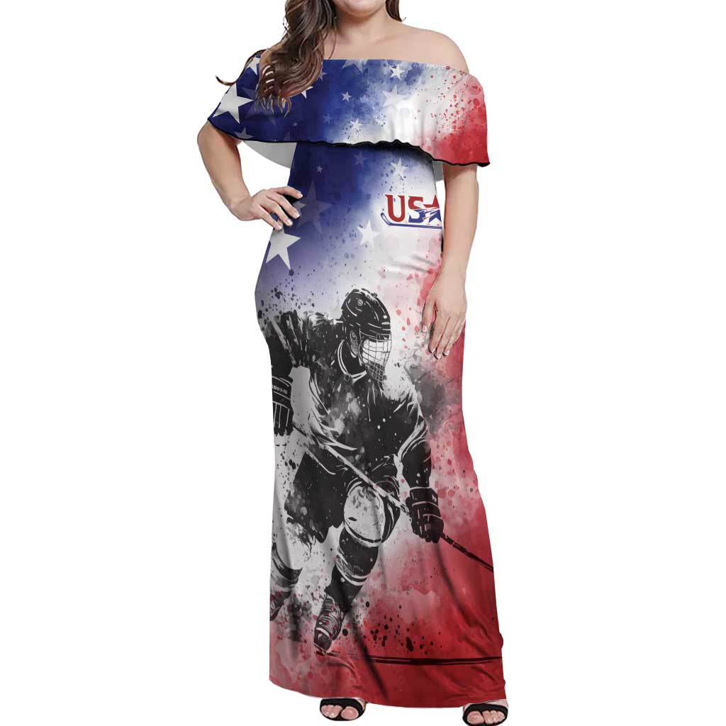 USA Ice Hockey Custom Off Shoulder Maxi Dress Splash Art Abstract Style