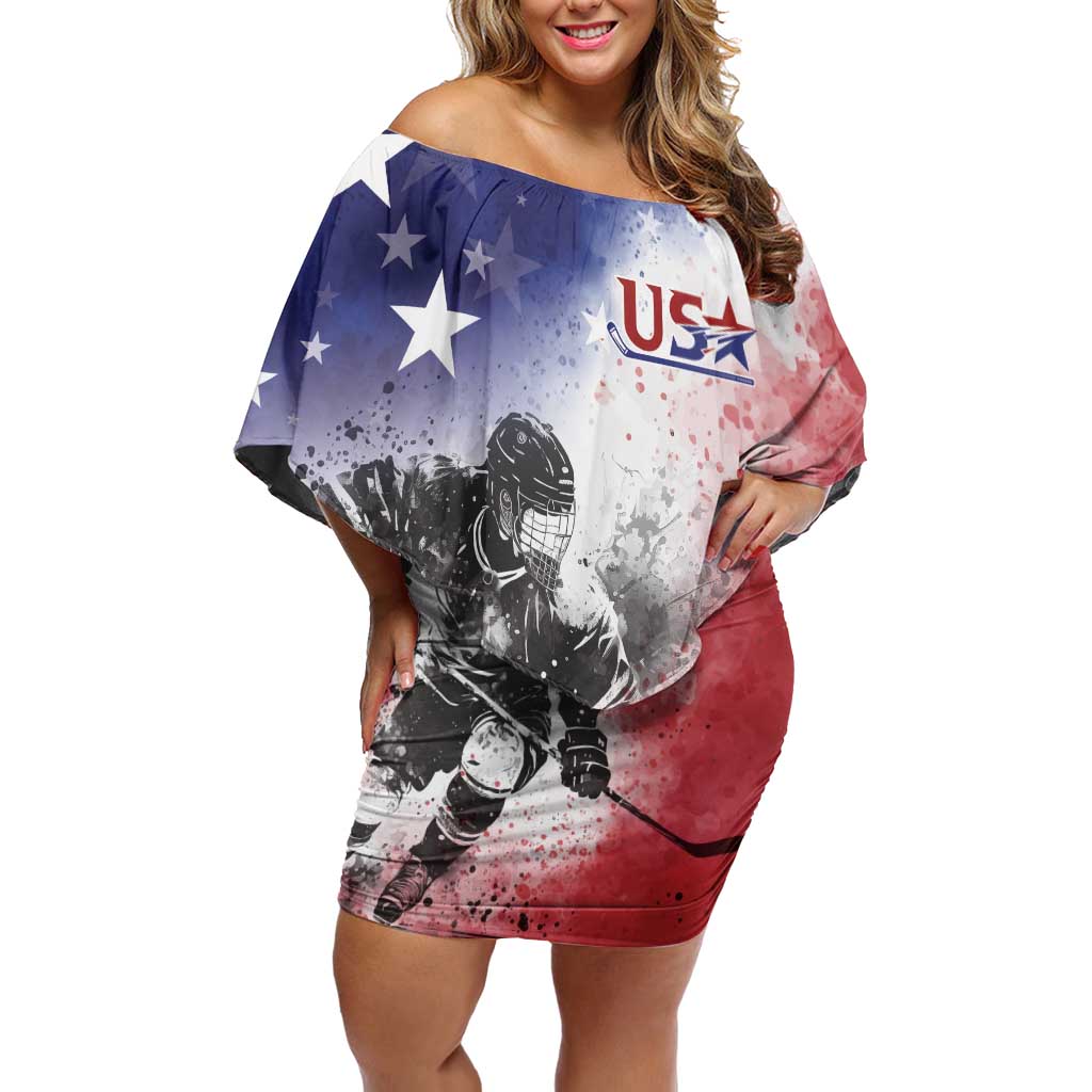 USA Ice Hockey Custom Off Shoulder Short Dress Splash Art Abstract Style