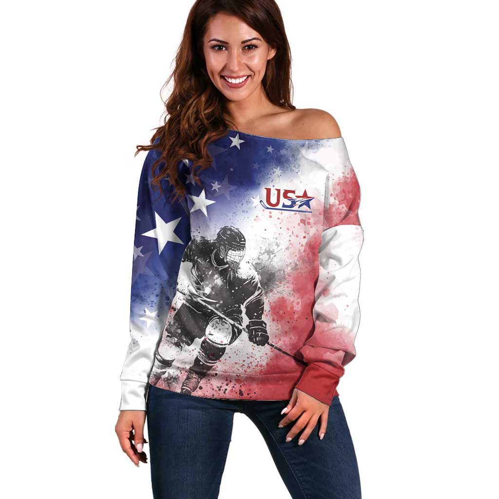 USA Ice Hockey Custom Off Shoulder Sweater Splash Art Abstract Style