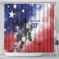 Hockey-themed shower curtain showing a goalie figure, stars and stripes, 'YOUR TEXT 07'