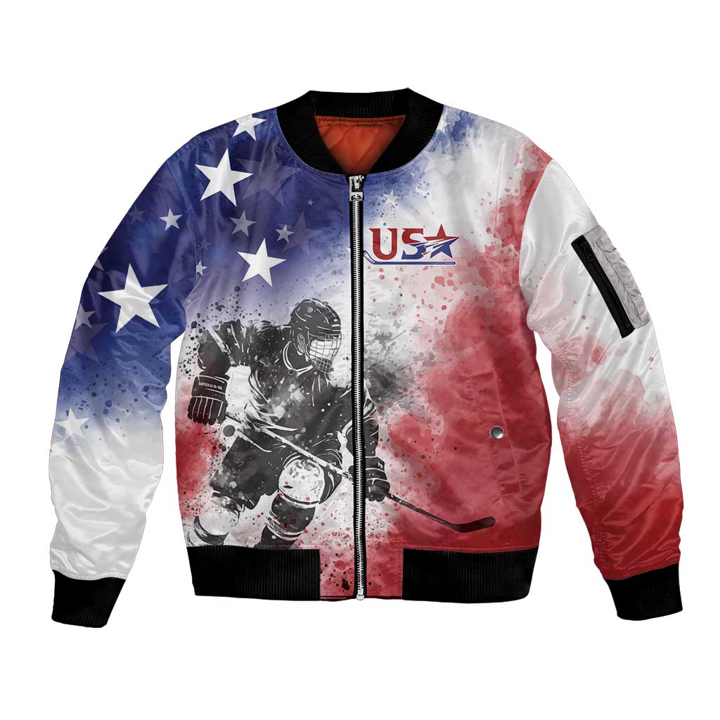 USA Ice Hockey Custom Sleeve Zip Bomber Jacket Splash Art Abstract Style