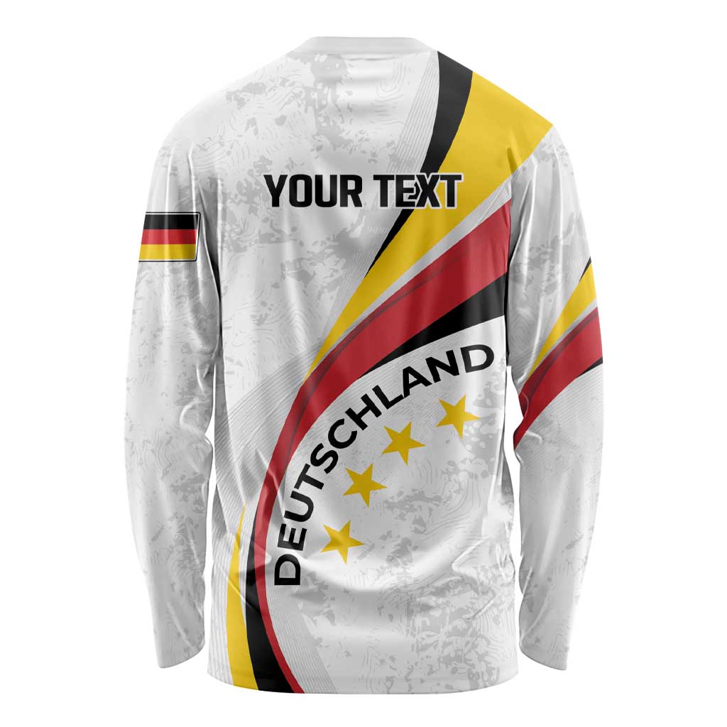 Personalized long-sleeve shirt, white back with 'YOUR TEXT', DEUTSCHLAND stars graphic