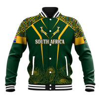 Green baseball jacket with kente-style pattern, gold trim, 'South Africa' print, antelope emblem