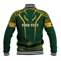 Green baseball jacket with kente-style pattern, gold trim, 'Your Text' back print, antelope emblem