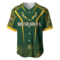 Green baseball jersey with yellow kente bands, Springbok emblem and South Africa text