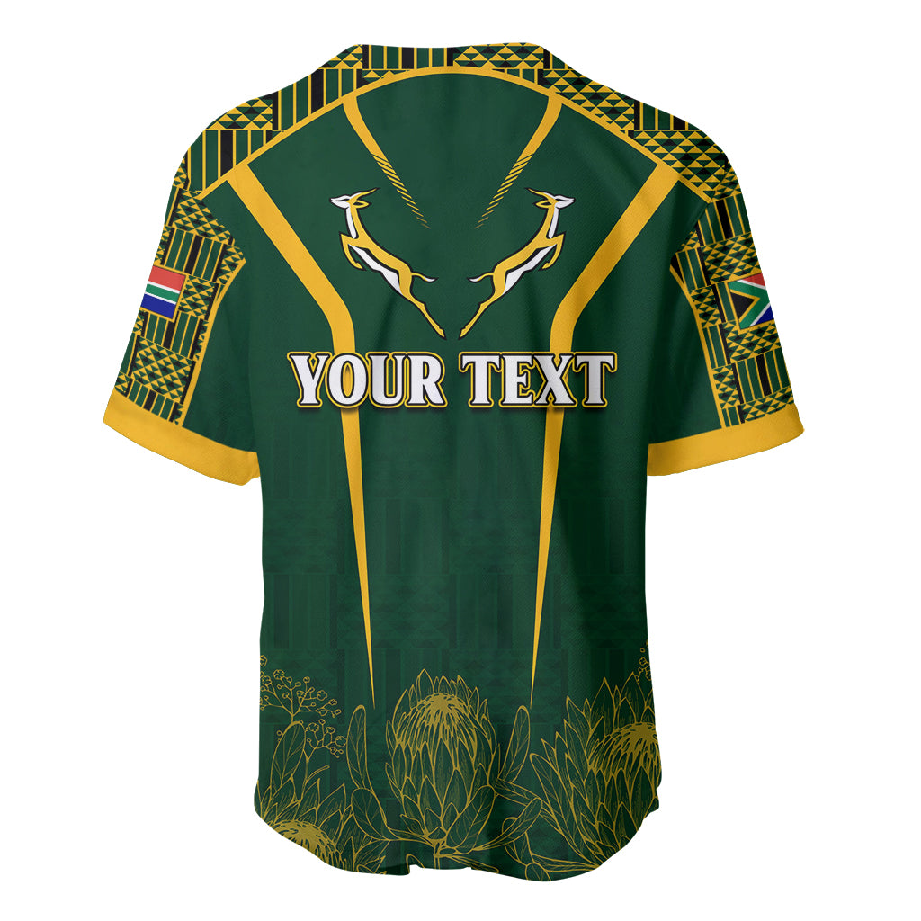 Green baseball jersey with yellow kente trim and Your Text front