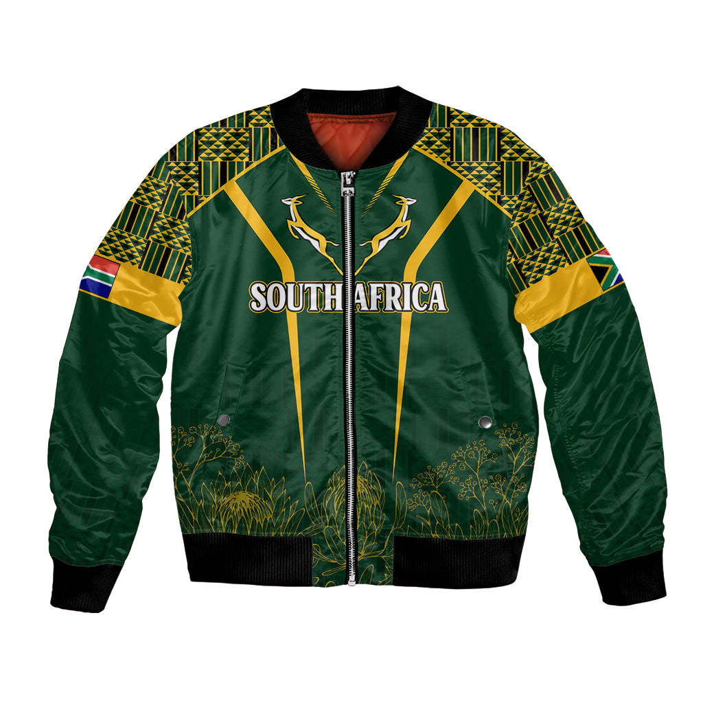 Green bomber jacket with kente patterned sleeves, zipper front, South Africa graphic