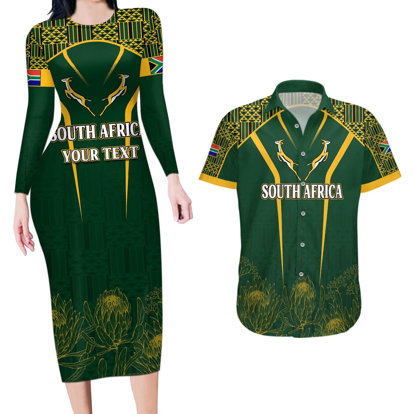 Personalised South African Heritage Day Couples Matching Long Sleeve Bodycon Dress and Hawaiian Shirt Kente Ethnic Patterns Mix Springboks LT7 - Wonder Print Shop