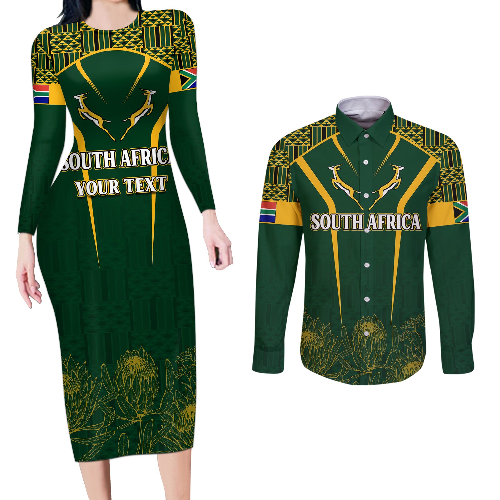 Personalised South African Heritage Day Couples Matching Long Sleeve Bodycon Dress and Long Sleeve Button Shirts Kente Ethnic Patterns Mix Springboks LT7 - Wonder Print Shop