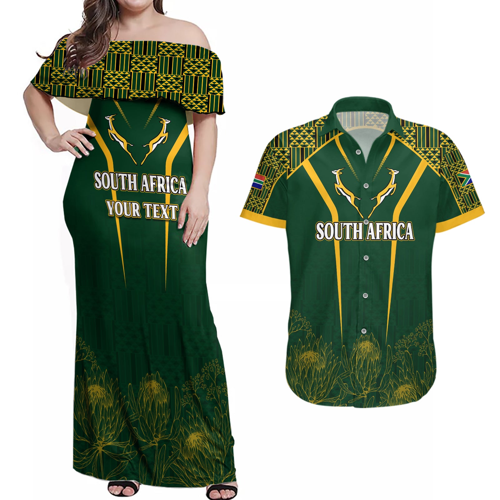 Personalised South African Heritage Day Couples Matching Off Shoulder Maxi Dress and Hawaiian Shirt Kente Ethnic Patterns Mix Springboks LT7 - Wonder Print Shop