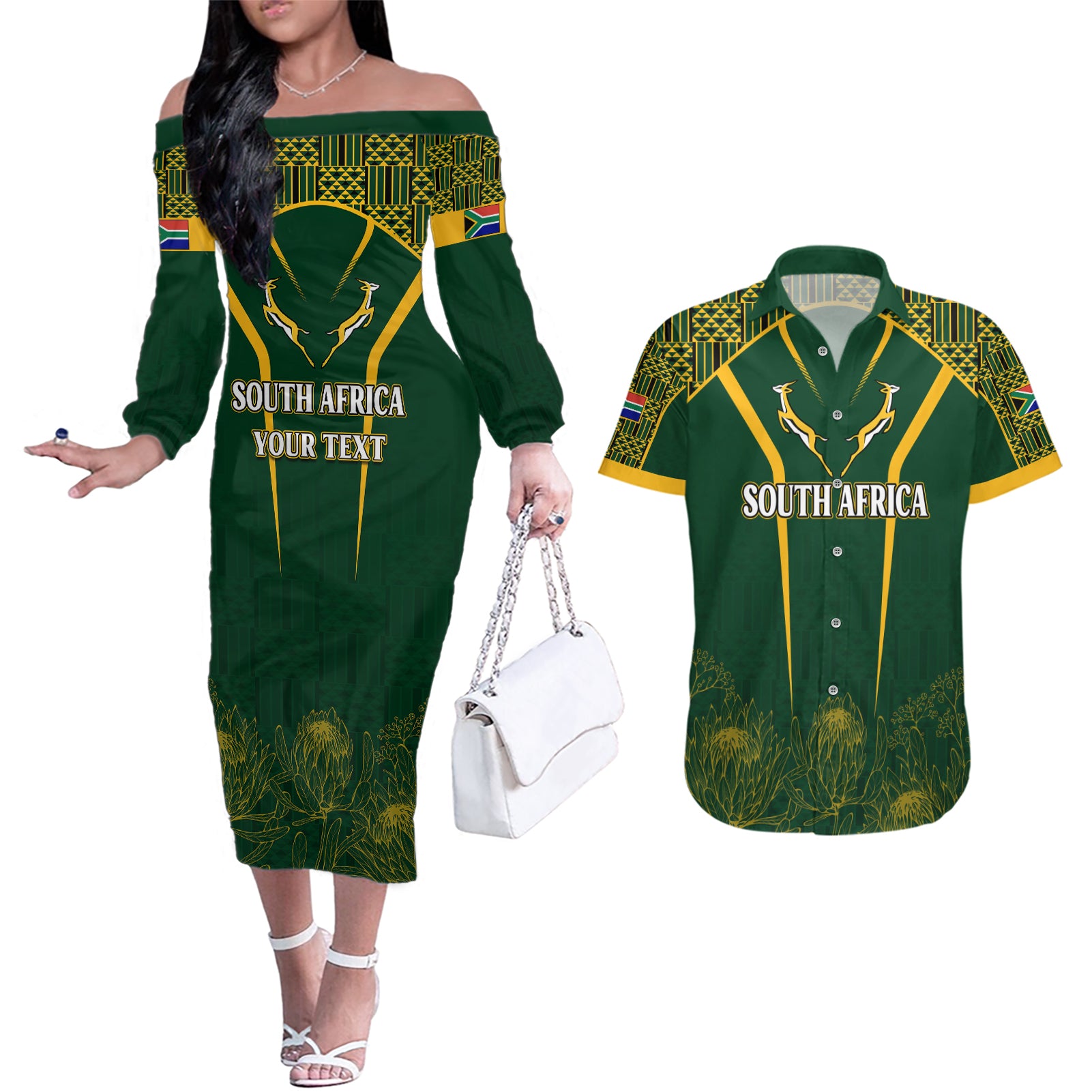 Personalised South African Heritage Day Couples Matching Off The Shoulder Long Sleeve Dress and Hawaiian Shirt Kente Ethnic Patterns Mix Springboks LT7 - Wonder Print Shop