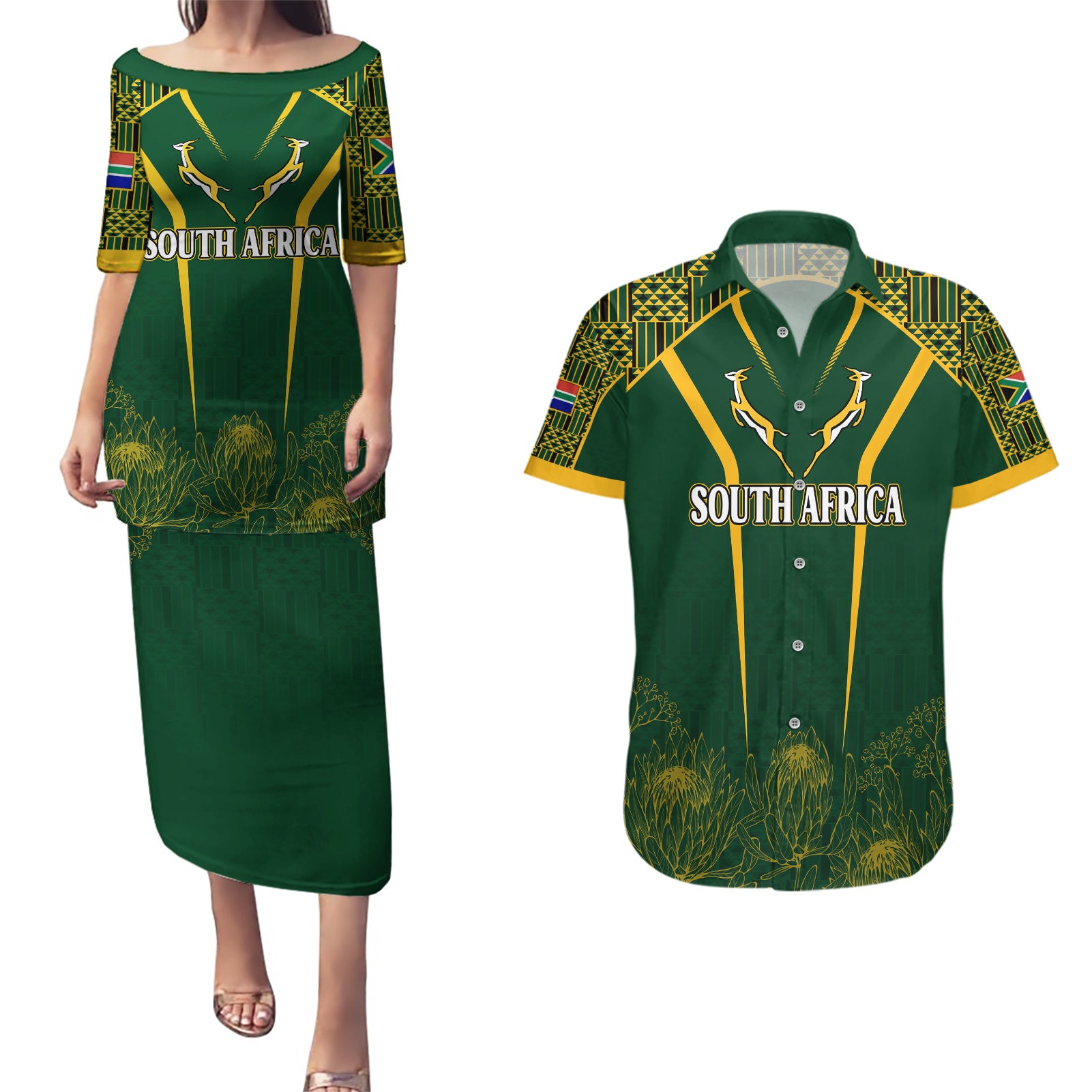 Personalised South African Heritage Day Couples Matching Puletasi Dress and Hawaiian Shirt Kente Ethnic Patterns Mix Springboks LT7 - Wonder Print Shop