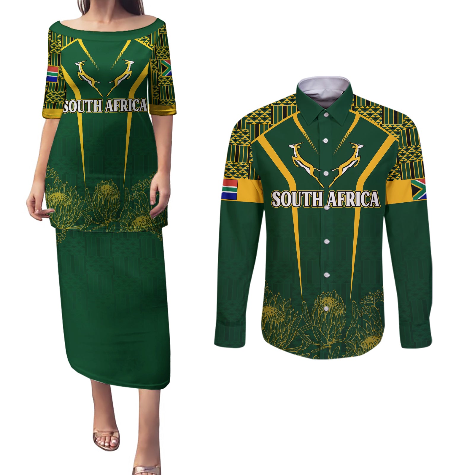 Personalised South African Heritage Day Couples Matching Puletasi Dress and Long Sleeve Button Shirts Kente Ethnic Patterns Mix Springboks LT7 - Wonder Print Shop