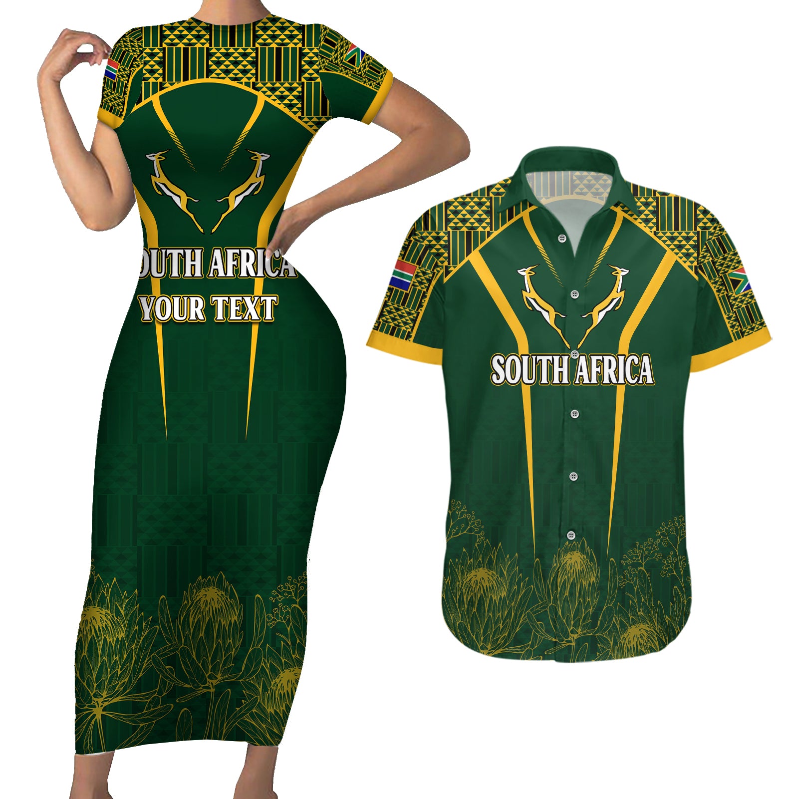 Personalised South African Heritage Day Couples Matching Short Sleeve Bodycon Dress and Hawaiian Shirt Kente Ethnic Patterns Mix Springboks LT7 - Wonder Print Shop