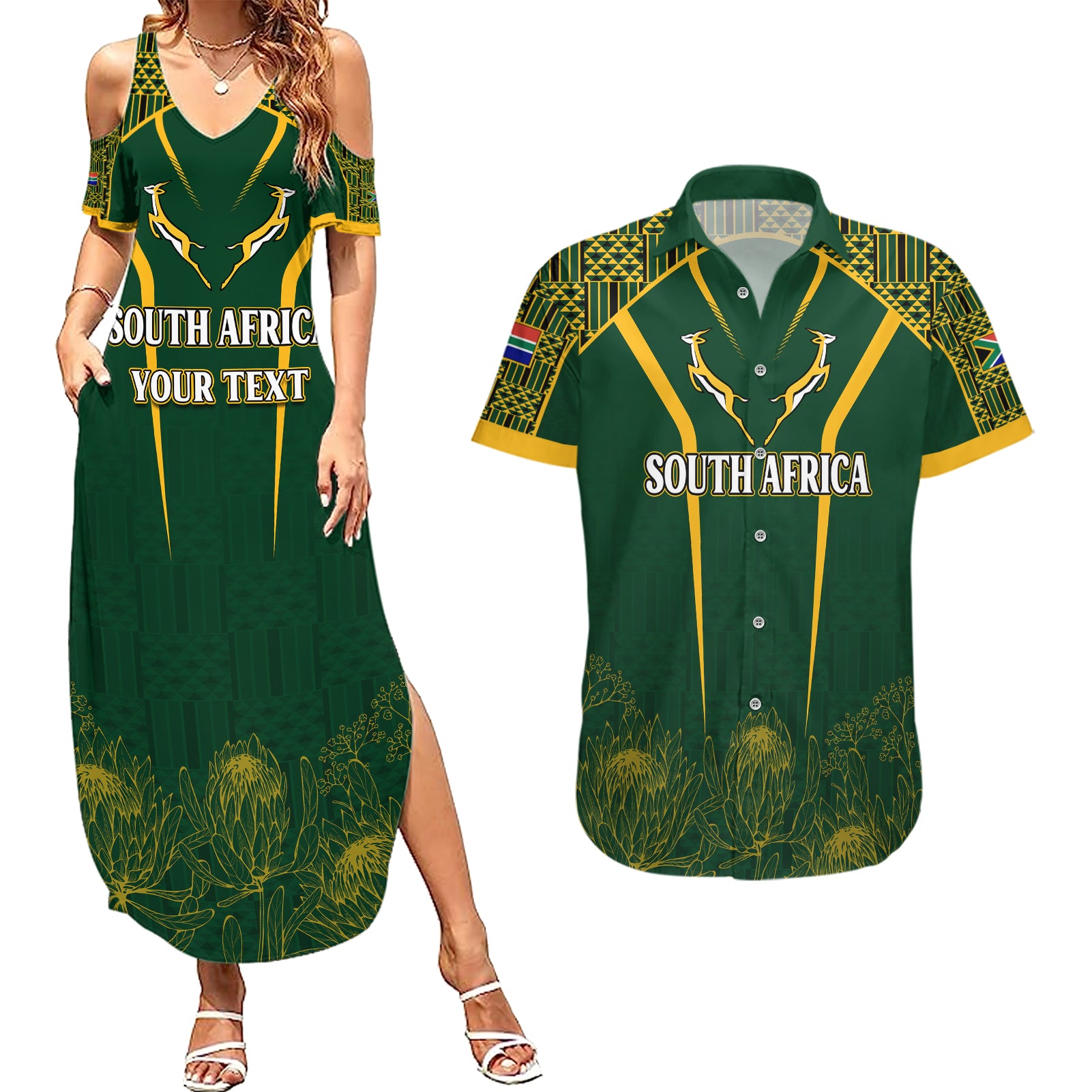 Personalised South African Heritage Day Couples Matching Summer Maxi Dress and Hawaiian Shirt Kente Ethnic Patterns Mix Springboks LT7 - Wonder Print Shop