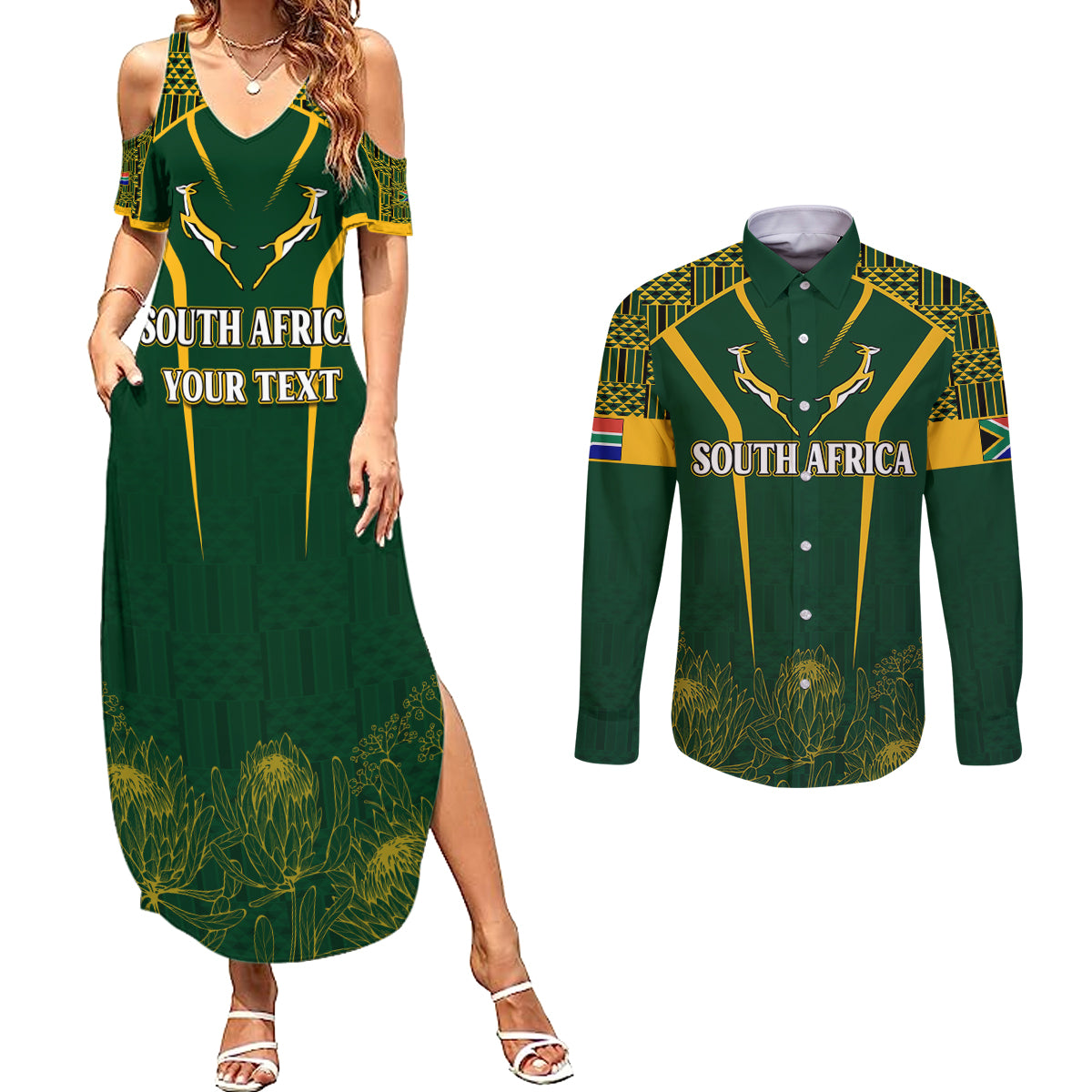 Personalised South African Heritage Day Couples Matching Summer Maxi Dress and Long Sleeve Button Shirts Kente Ethnic Patterns Mix Springboks LT7 - Wonder Print Shop