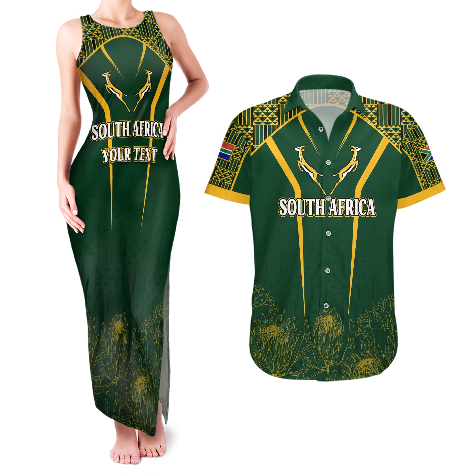 Personalised South African Heritage Day Couples Matching Tank Maxi Dress and Hawaiian Shirt Kente Ethnic Patterns Mix Springboks LT7 - Wonder Print Shop