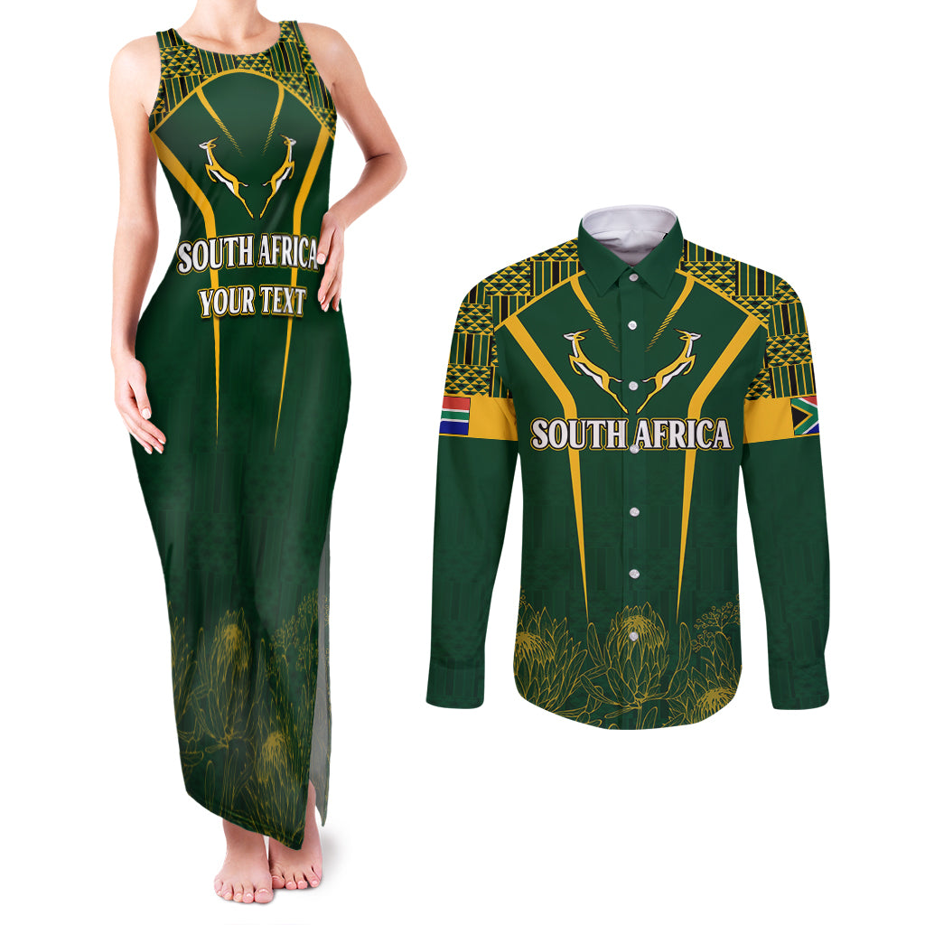 Personalised South African Heritage Day Couples Matching Tank Maxi Dress and Long Sleeve Button Shirts Kente Ethnic Patterns Mix Springboks LT7 - Wonder Print Shop