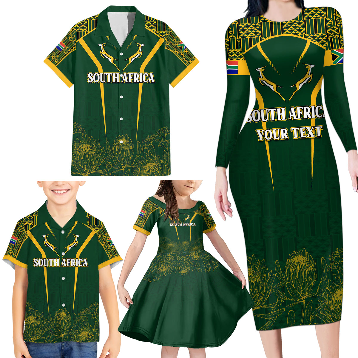 Personalised South African Heritage Day Family Matching Long Sleeve Bodycon Dress and Hawaiian Shirt Kente Ethnic Patterns Mix Springboks LT7 - Wonder Print Shop