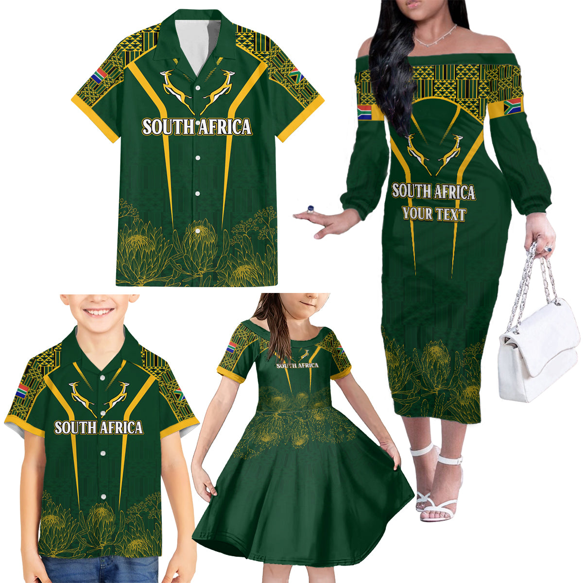 Personalised South African Heritage Day Family Matching Off Shoulder Long Sleeve Dress and Hawaiian Shirt Kente Ethnic Patterns Mix Springboks - Wonder Print Shop