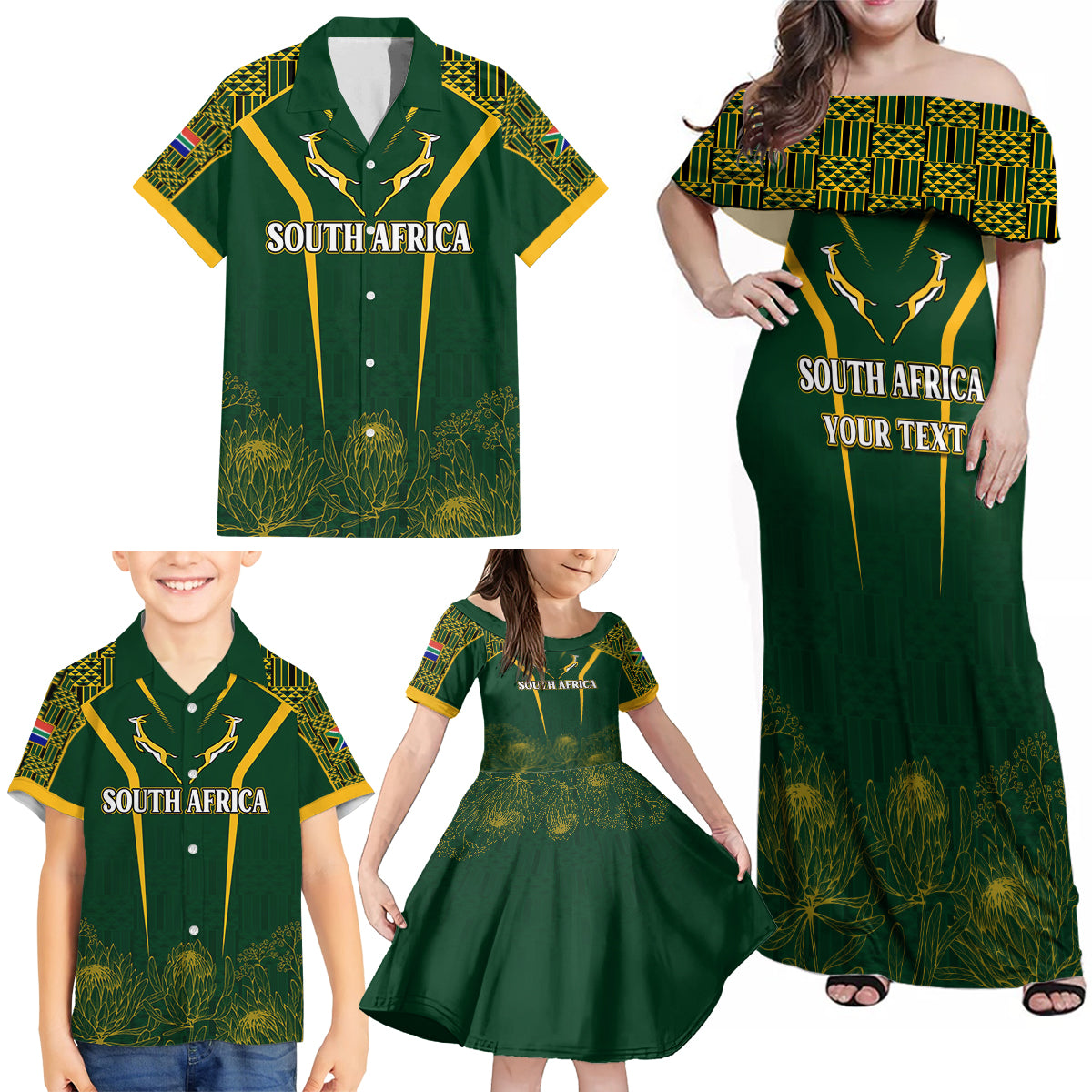 Personalised South African Heritage Day Family Matching Off Shoulder Maxi Dress and Hawaiian Shirt Kente Ethnic Patterns Mix Springboks LT7 - Wonder Print Shop