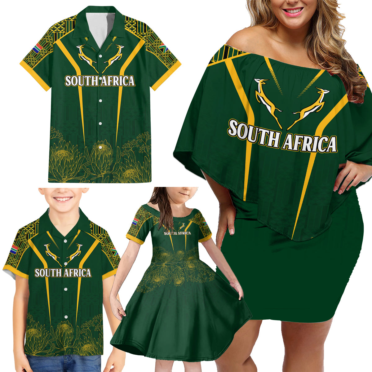 Personalised South African Heritage Day Family Matching Off Shoulder Short Dress and Hawaiian Shirt Kente Ethnic Patterns Mix Springboks LT7 - Wonder Print Shop